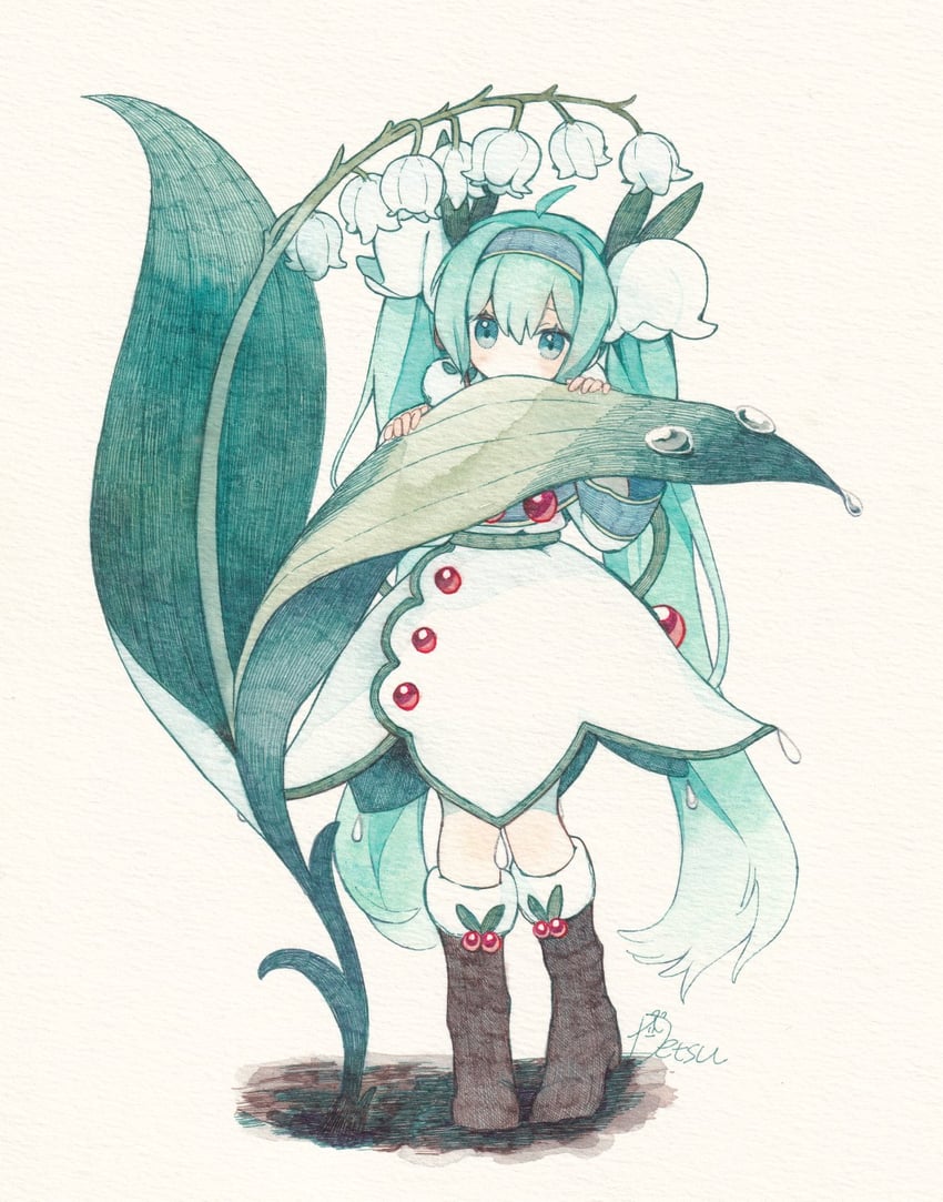 VOCALOID、初音未来、雪初音 1名女孩 呆毛 作者名 蓝眼 蓝发