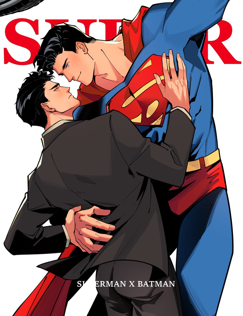 蝙蝠侠系列、DC漫画、超人系列 2个男孩 搂着他人的腰 黑发 黑色夹克 黑裤子