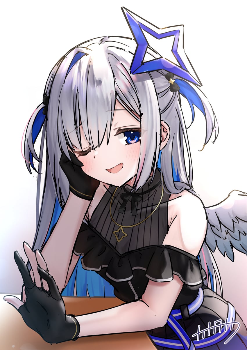 Hololive、天音彼方、天音彼方 (工作服) 1名女孩 天使 天使翅膀 黑色连衣裙 黑色手套