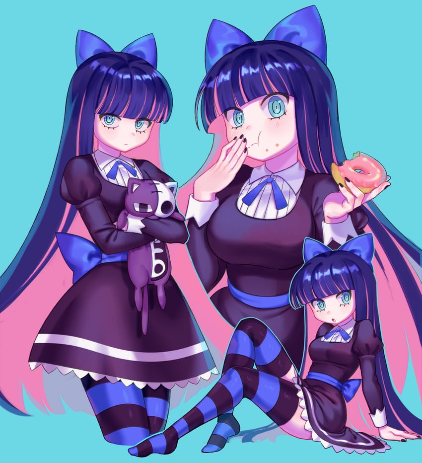 吊带袜天使、骨猫（吊带袜天使）、Stocking (吊带袜天使) 1名女孩 水色瞳 黑色指甲 蓝色背景 蝴蝶结