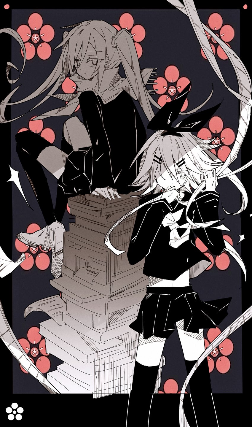 baiwakatan (vocaloid)、kururingo、VOCALOID 2名女孩 蝴蝶结 灰度 发带蝴蝶结 屈膝
