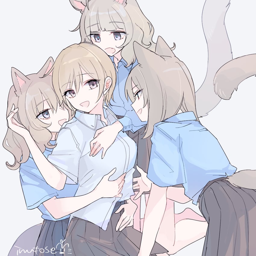 原创 4个女孩 :D 兽耳 黑瞳 黑色裙子