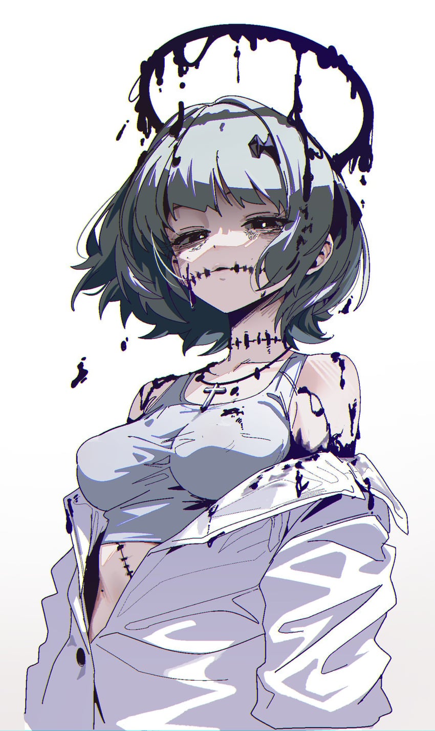 原创 1名女孩 黑瞳 乳房 灰发 光环