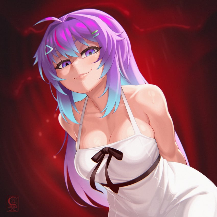 个人势虚拟主播、Projekt Melody 1名女孩 双手背在身后 露肩 黑色丝带 蓝眼