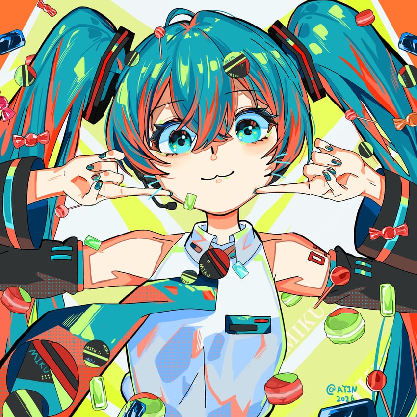 VOCALOID、初音未来 1名女孩 水色瞳 水色发 手臂纹身 闭嘴