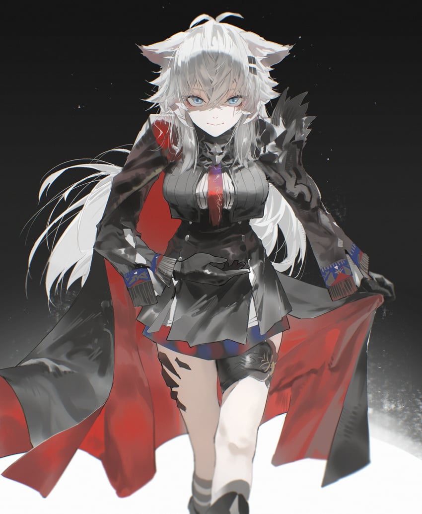 明日方舟、拉普兰德 (明日方舟)、荒芜拉普兰德 (明日方舟) 1名女孩 兽耳 黑色背景 黑色披肩 黑色手套