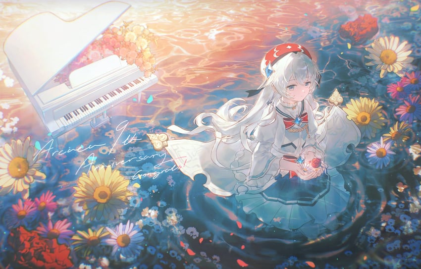 韵律源点 Arcaea、光 (Arcaea) 1名女孩 贝雷帽 蓝裙子 蝴蝶结 项圈