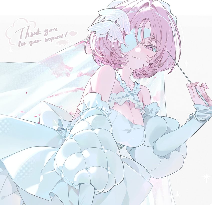 二次元插画 露肩 蝴蝶结 婚纱面纱 连衣裙 眼罩