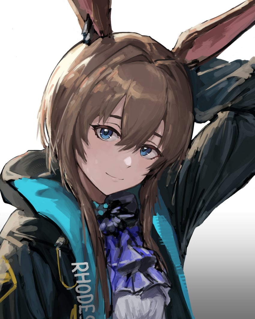 明日方舟、阿米娅 (明日方舟) 1名女孩 兽耳 手放在头后 阿斯科特领巾 黑色夹克