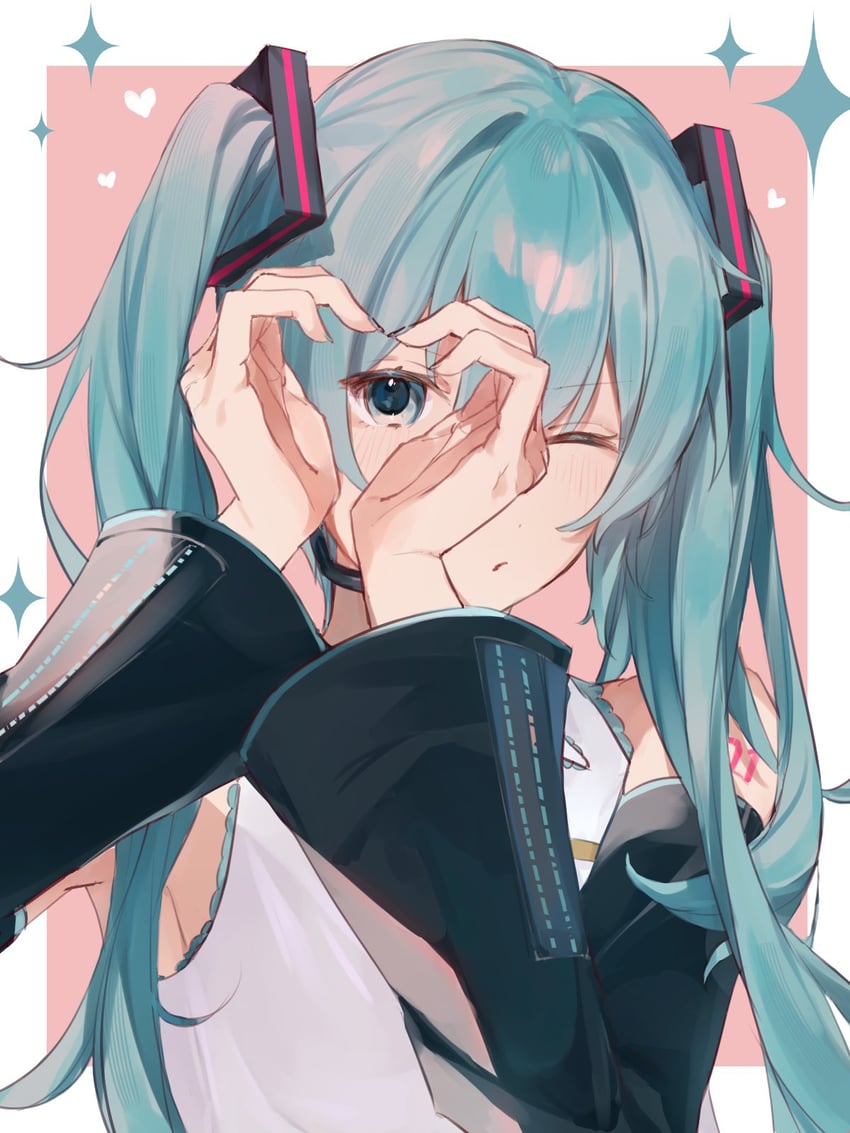 VOCALOID、初音未来 1名女孩 惊讶 蓝眼 蓝发 心