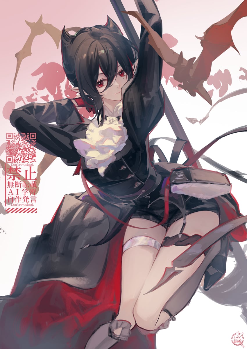 明日方舟、隐现 (明日方舟) 1名女孩 举起双手 阿斯科特领巾 蝙蝠 黑色连衣裙
