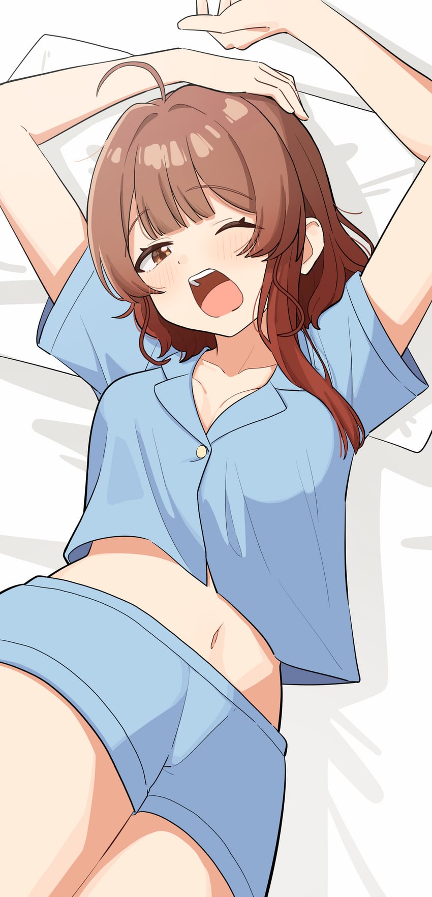 学园偶像大师、偶像大师、花海佑芽 1名女孩 呆毛 蓝色睡衣 蓝色衬衫 蓝色短裤