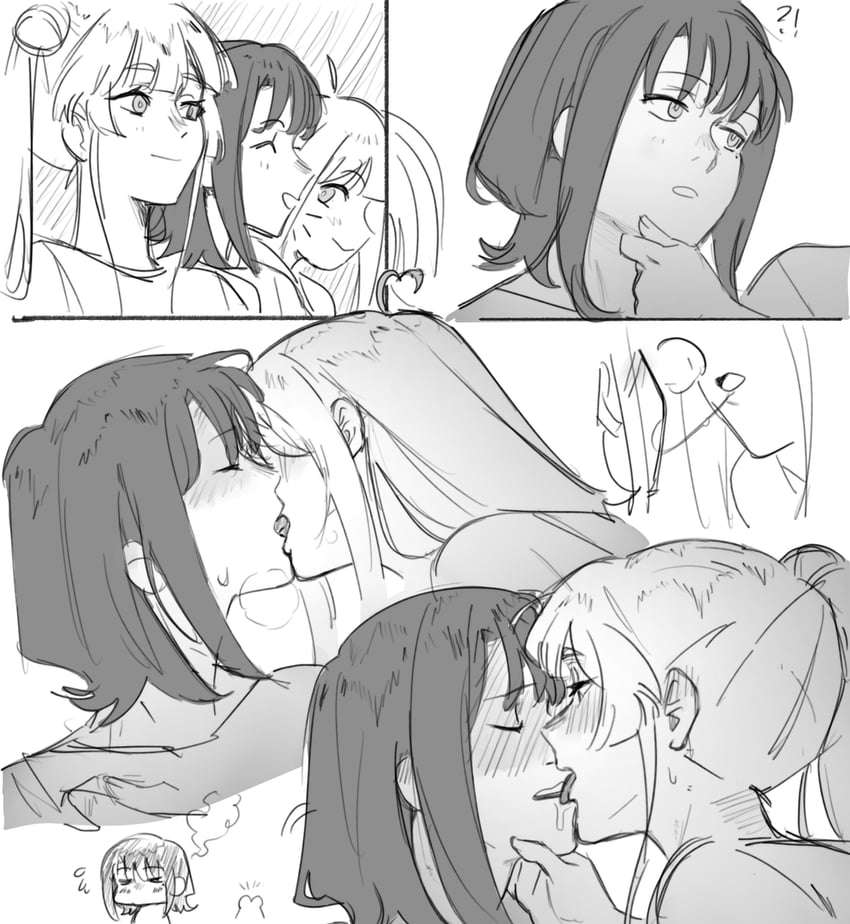 超辉夜姬!、辉夜 (超辉夜姬!)、留奈美八千代 3人女子 脸红 闭眼 闭嘴 法式深吻