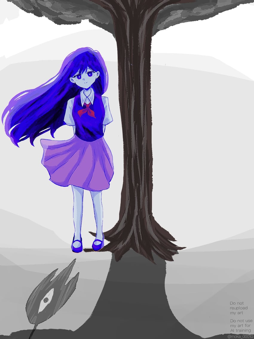 OMORI、Mari (Omori)、Mari (Omori) 1名女孩 双手背在身后 作者名 脸红 闭嘴