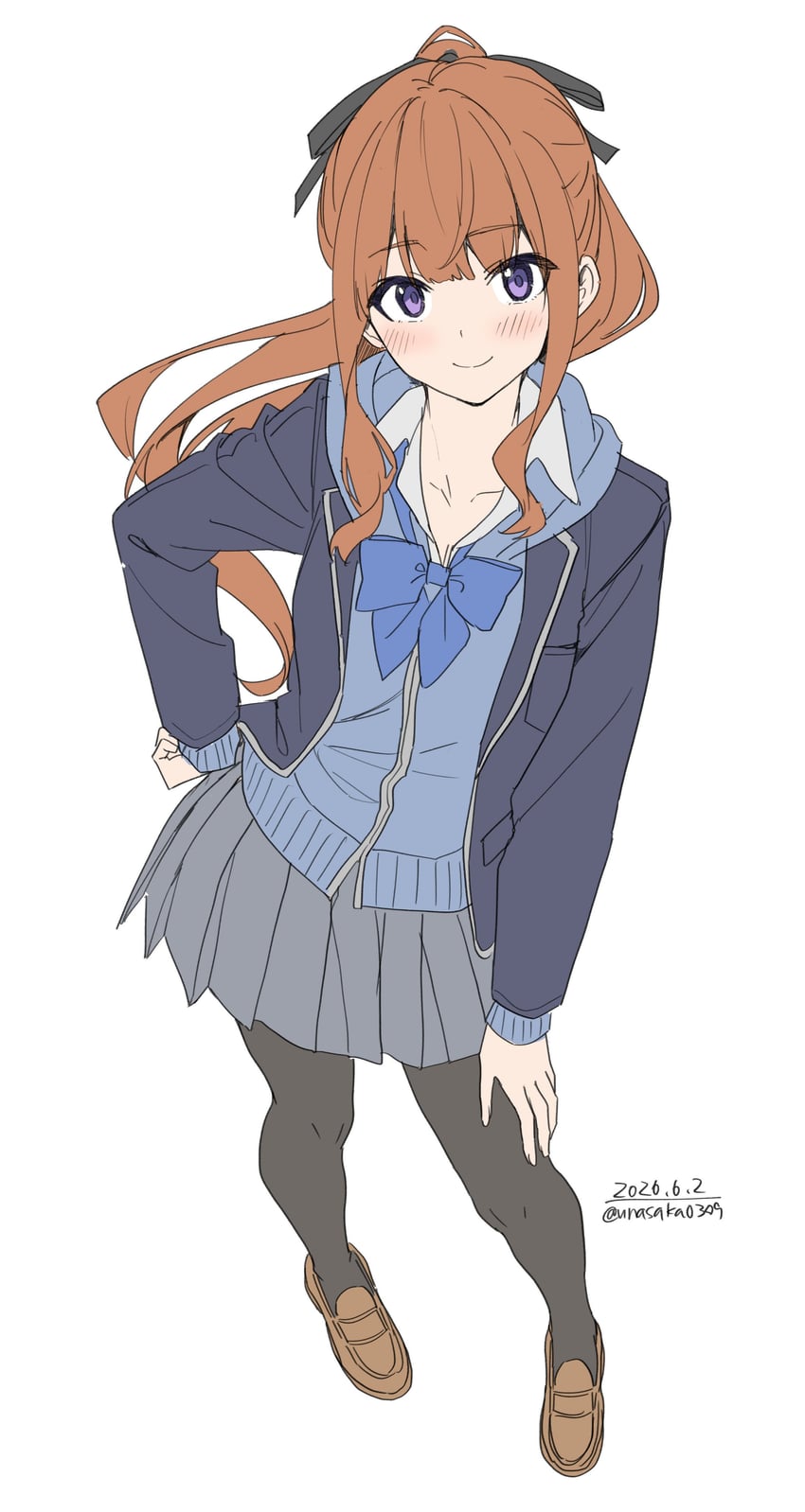 原创 1名女孩 黑色连裤袜 蓝色蝴蝶结 蓝色针织衫 蓝色夹克