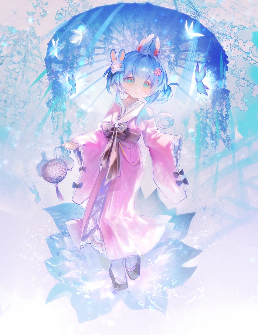 原创 1名女孩 兽耳 黑色蝴蝶结 蓝蝴蝶 蓝眼