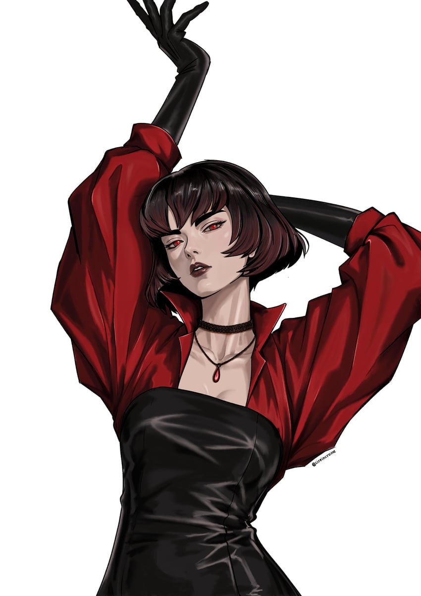 死锁 (Deadlock)、米娜（死锁） 1名女孩 手放在头后 举手 黑色项圈 黑色连衣裙