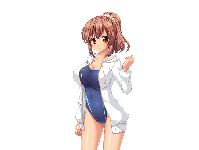 梦见颊！、toriumi hinata 1名女孩 蓝色连体泳衣 脸红 乳房 棕眼睛