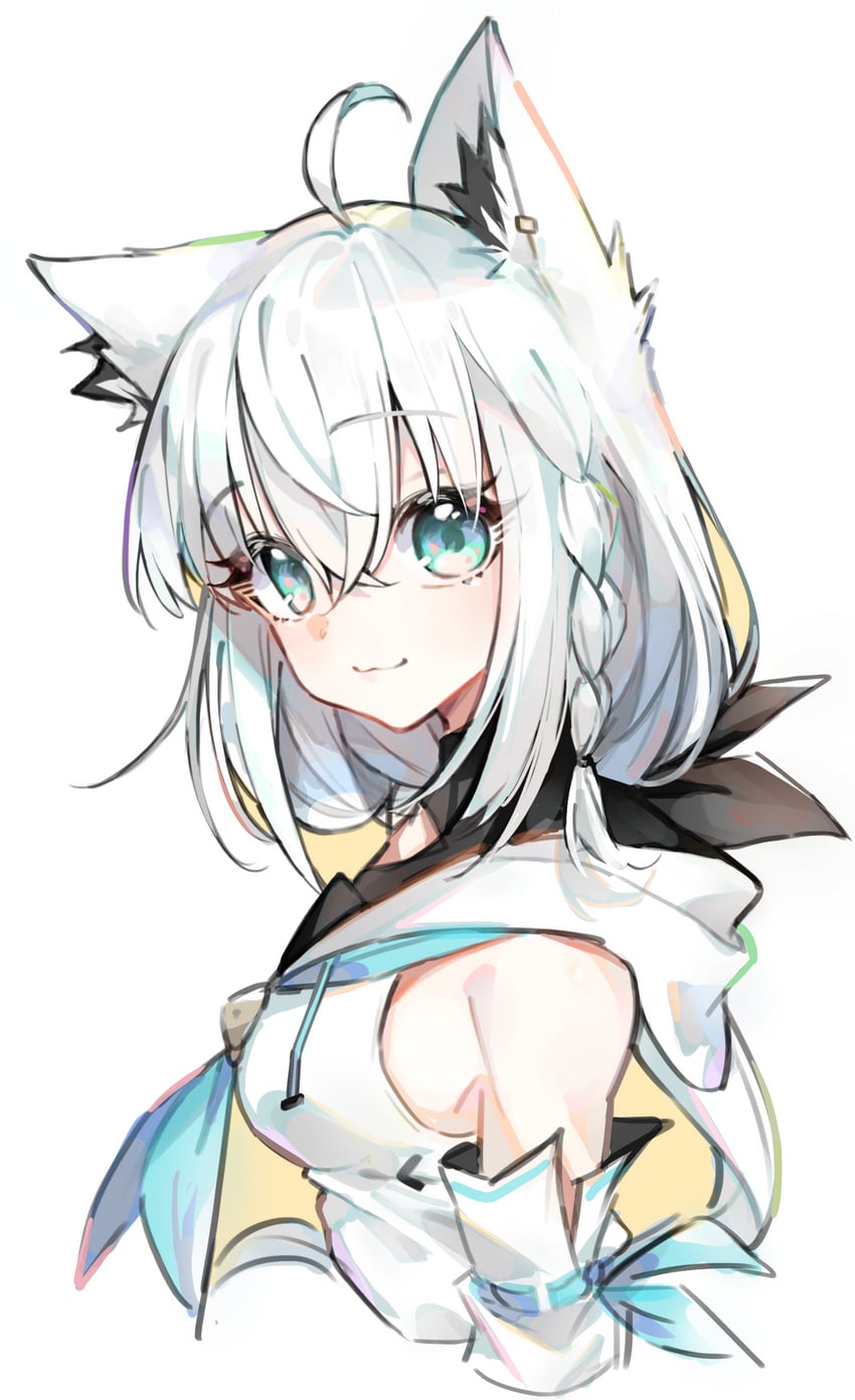 Hololive、白上吹雪、白上吹雪 (第一套服装) 1名女孩 呆毛 兽耳 黑色丝带 蓝眼