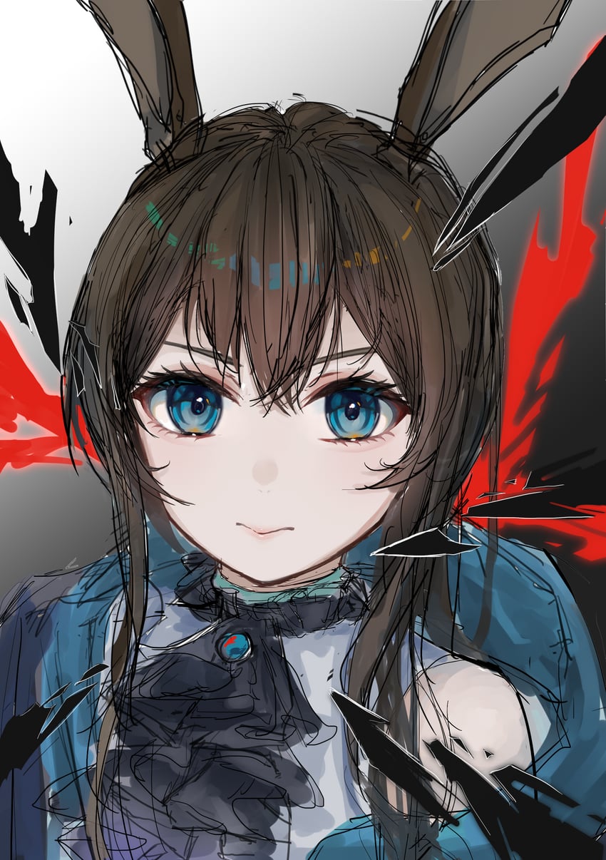 明日方舟、阿米娅 (明日方舟) 1名女孩 阿斯科特领巾 黑色细领带 蓝眼 蓝色夹克