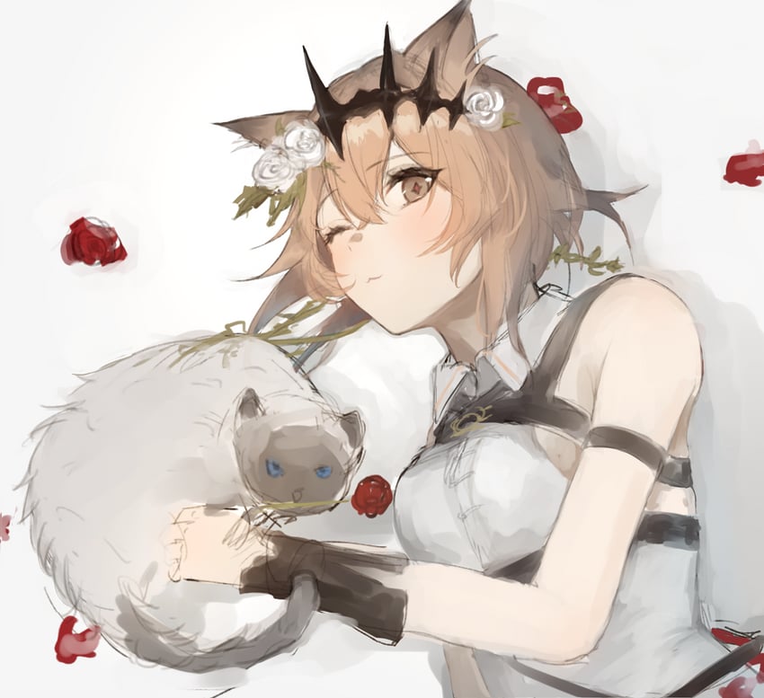 明日方舟、万顷 (明日方舟) 1名女孩 猫脸笑 露肩 黑色王冠 脸红