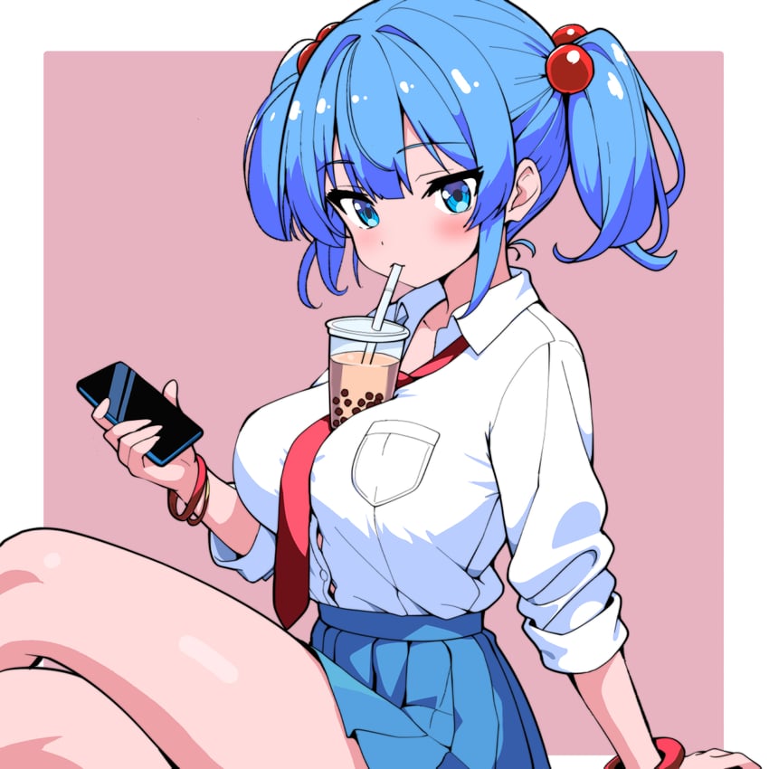 二次元插画 1名女孩 蓝眼 蓝发 蓝裙子 脸红