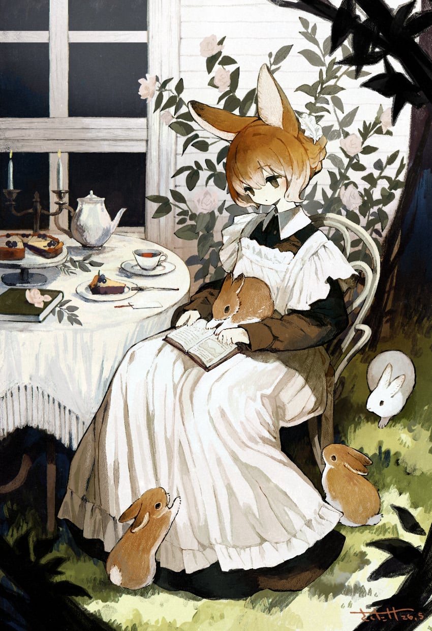 原创 1名女孩 兽耳 腿上的动物 围裙 黑色连衣裙