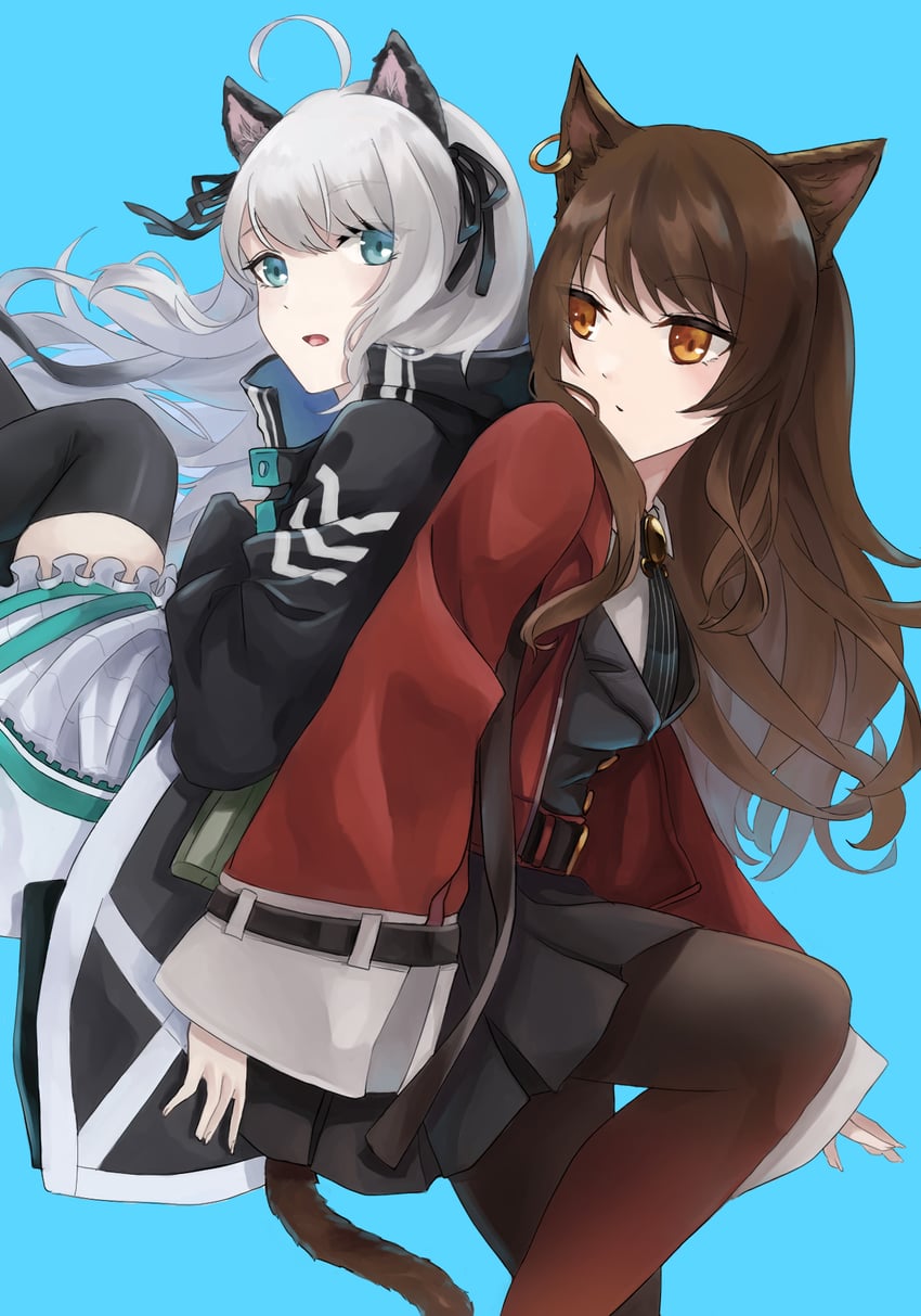 明日方舟、薄荷 (明日方舟)、天火 (明日方舟) 2名女孩 呆毛 兽耳 背靠背 黑色连衣裙