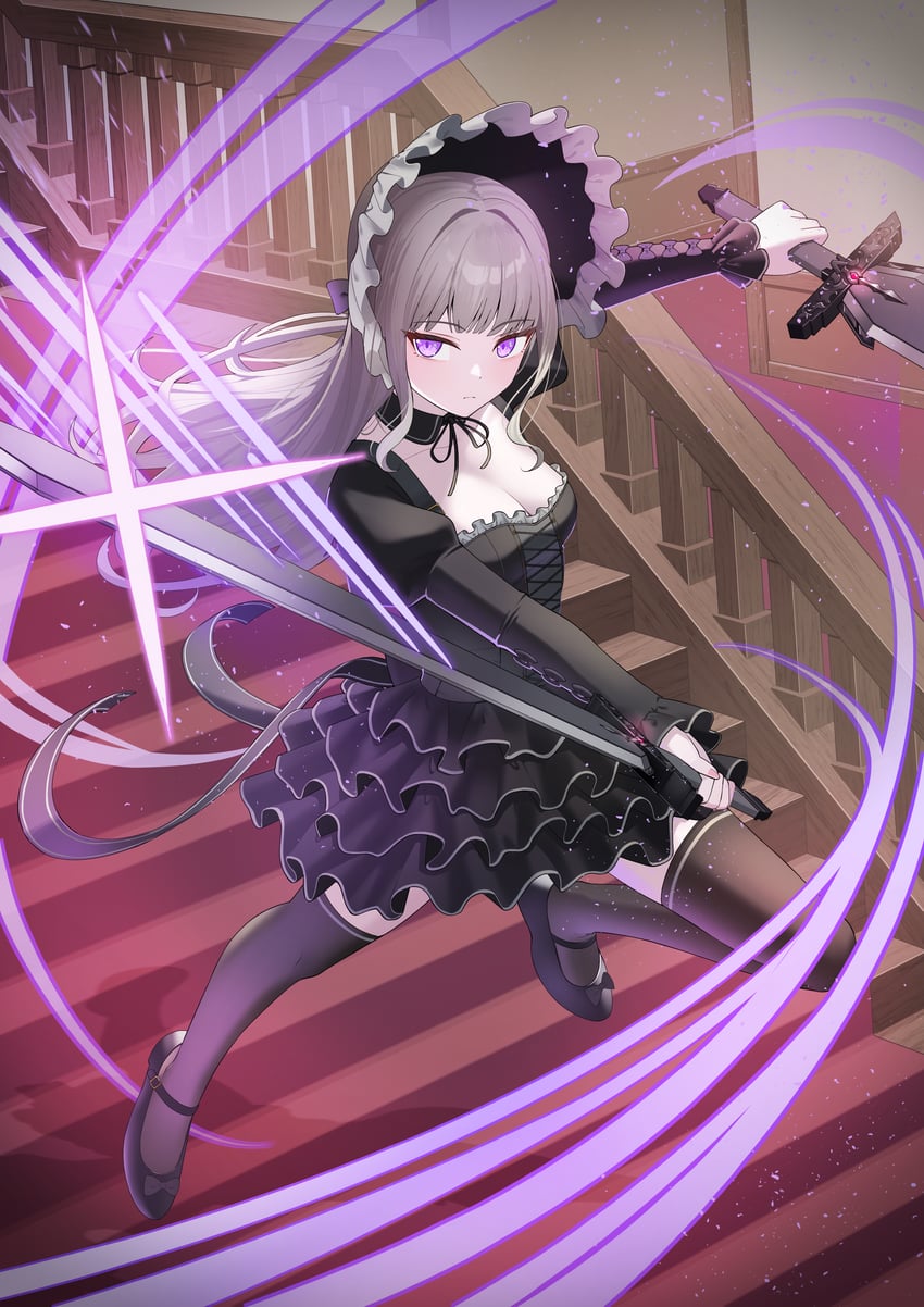 原创 1名女孩 黑色软帽 黑色连衣裙 软帽 乳房
