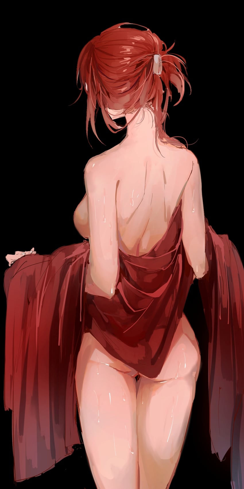 崩坏系列、崩坏3、无量塔姬子 1名女孩 屁股 背影 侧乳(后方视点) 黑色背景
