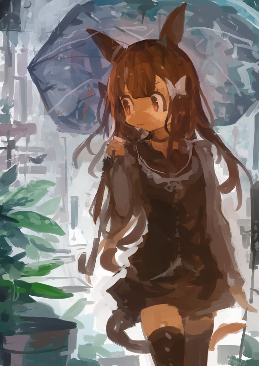 二次元插画 1名女孩 猫脸笑 兽耳 黑色连衣裙 黑色过膝袜
