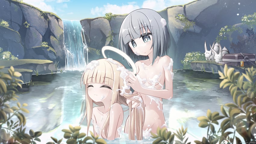 原创 2名女孩 拱形刘海 沐浴 金发 齐刘海