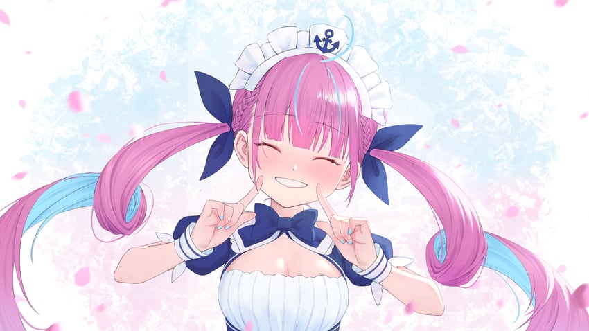 Hololive、凑阿库娅、凑阿库娅 (第一套服装) 1名女孩 呆毛 锚标志 蓝色背景 蓝色蝴蝶结