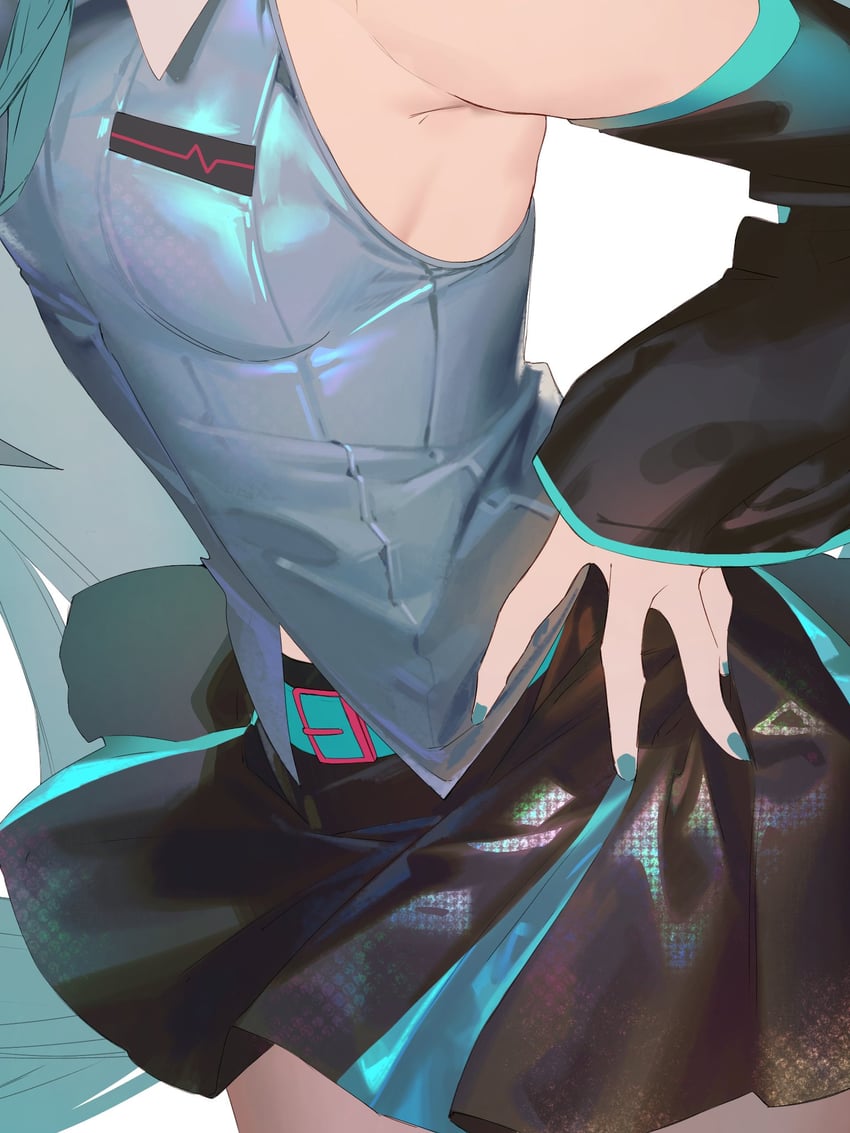 VOCALOID、初音未来 1名女孩 水色腰带 水色发 水蓝色指甲 腰带
