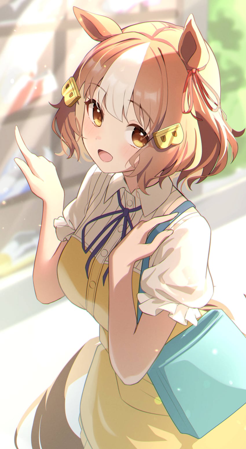 赛马娘、赛马娘：芦毛灰姑娘、贝尔诺轻光 (赛马娘) 1名女孩 兽耳 脸红 棕发 马耳