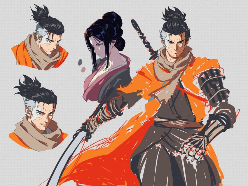 只狼：影逝二度、九郎 (神子)、只狼 棕色和服 外套 灰色围巾 袴 袴裤