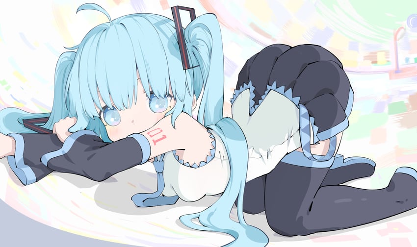 VOCALOID、初音未来 1名女孩 呆毛 四肢着地 水色瞳 水色发