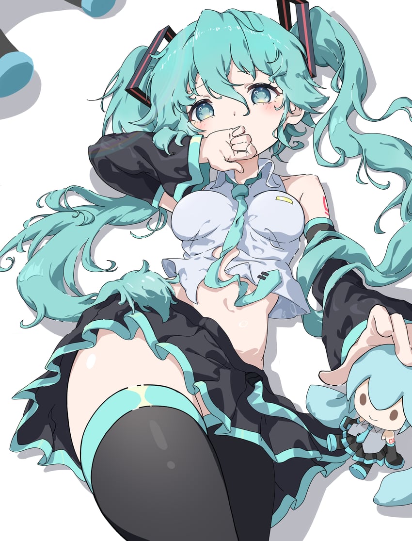 VOCALOID、初音未来 1名女孩 水色瞳 水色发 水蓝色领带 黑色裙子
