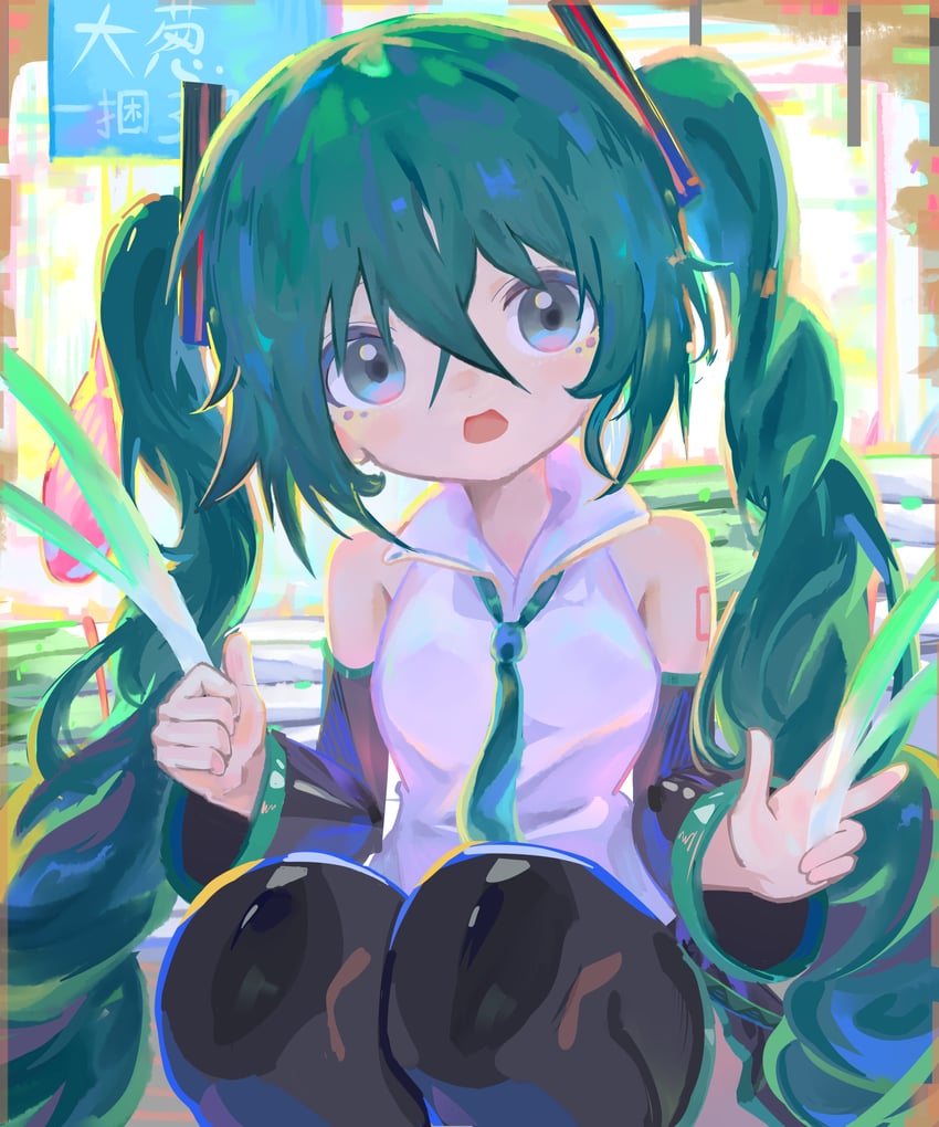 VOCALOID、初音未来 1名女孩 水色瞳 水色发 水蓝色领带 黑色裙子