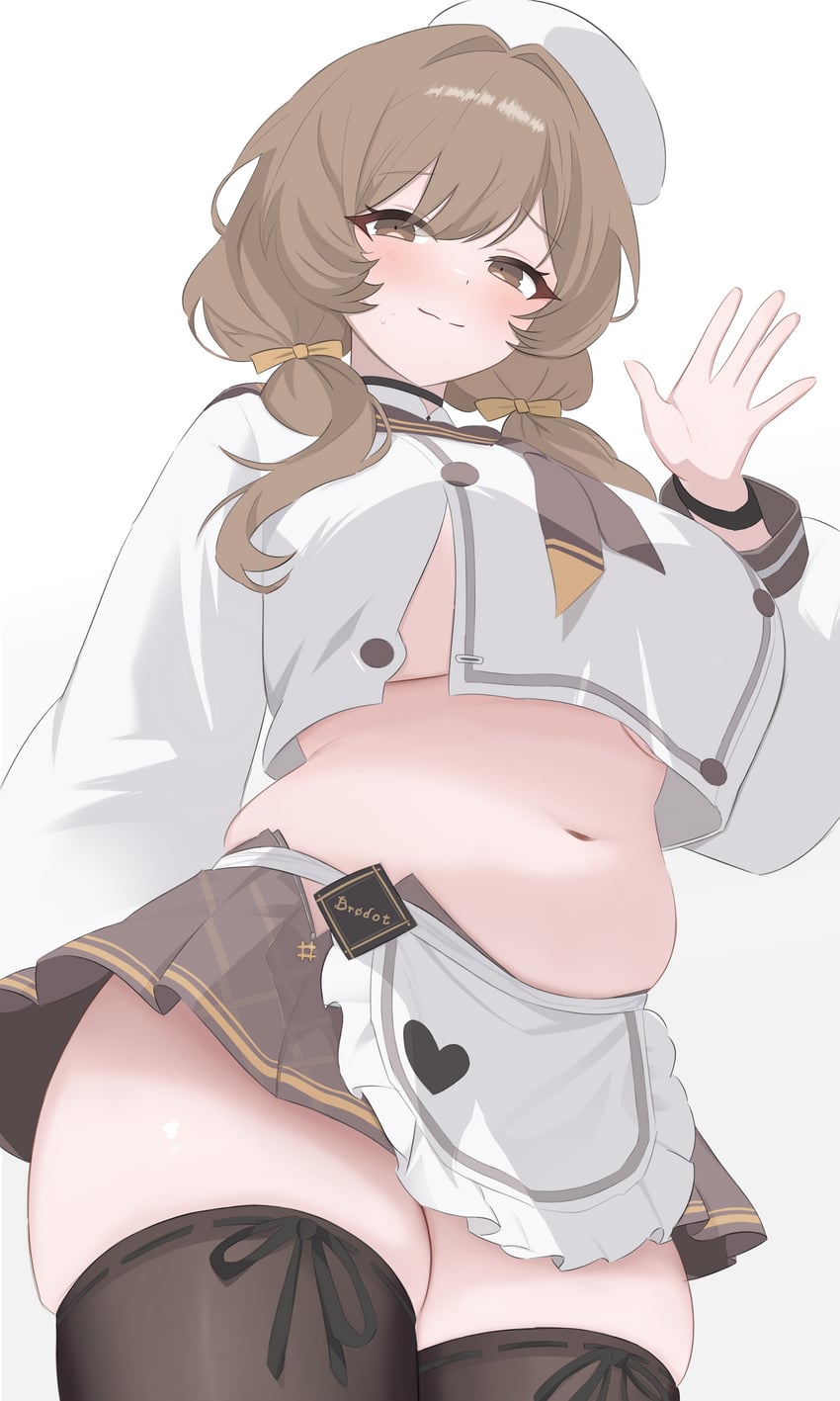 胜利女神：妮姬、贝蒂 (胜利女神：妮姬) 1名女孩 围裙 手放在背后 腹部 贝雷帽