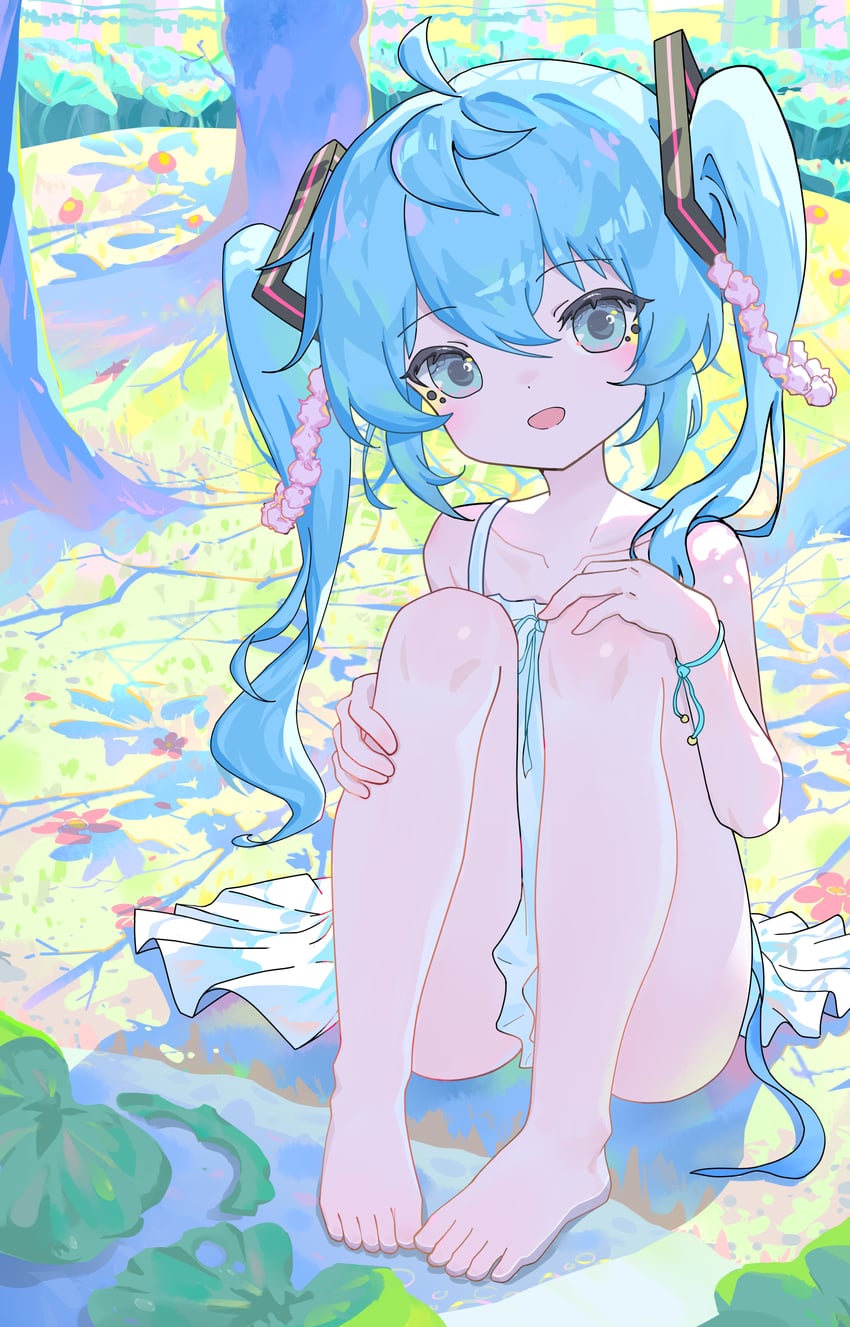 VOCALOID、初音未来 1名女孩 呆毛 水色瞳 水色发 裸腿