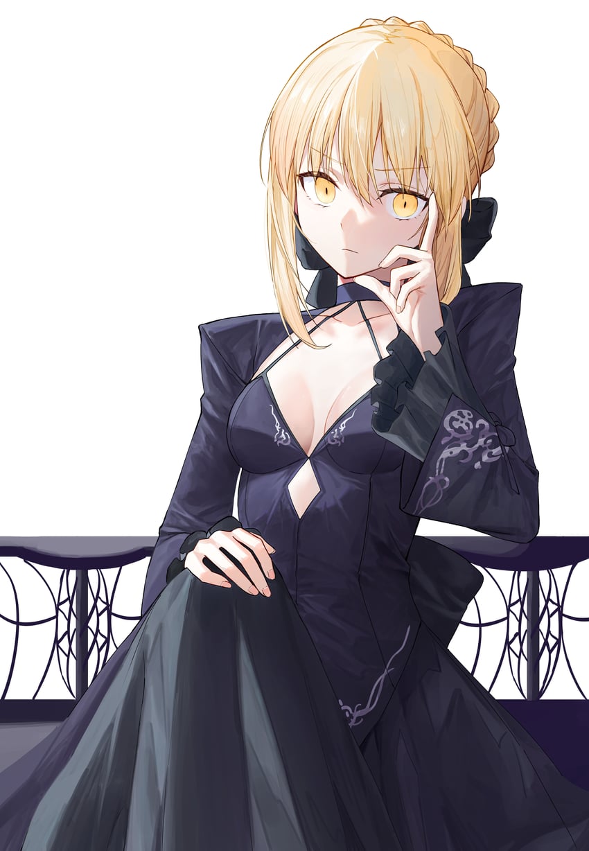 Fate/Grand Order、Fate系列、阿尔托莉雅·潘德拉贡 (Fate) 1名女孩 黑色连衣裙 黑色丝带 金发 乳房