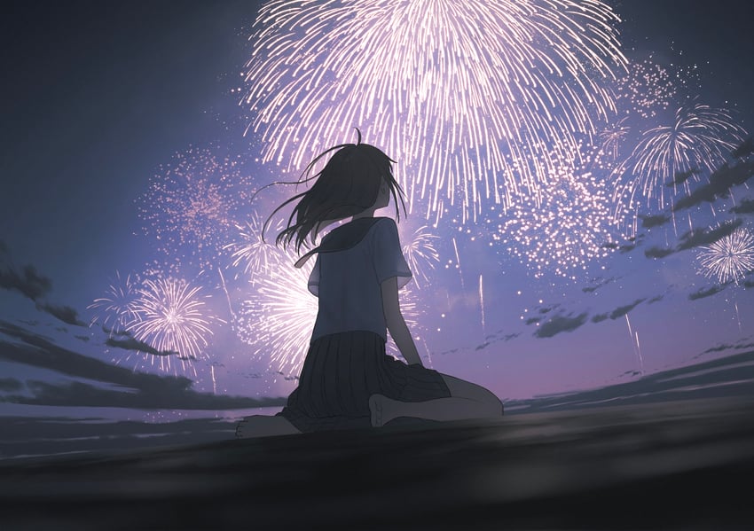 原创 1名女孩 烟花 赤脚 黑色裙子 云