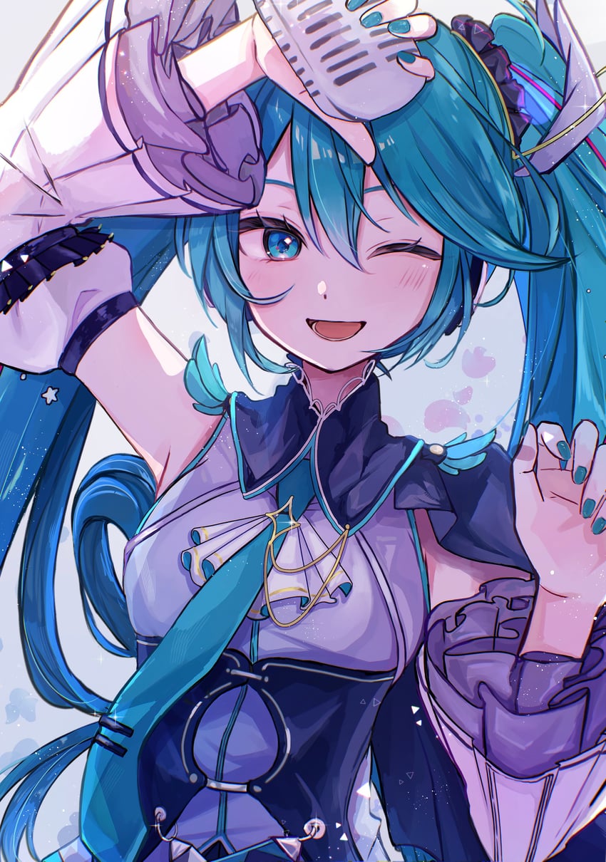 初音未来博览会、VOCALOID、展览会初音 1名女孩 水色发 水蓝色领带 脸红 乳房