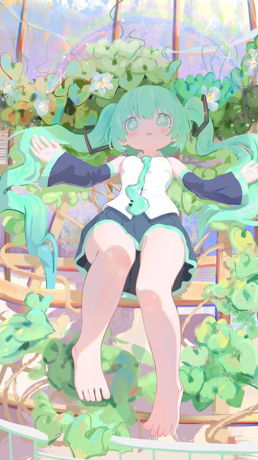 VOCALOID、初音未来 1名女孩 水色瞳 水色发 水蓝色领带 赤脚