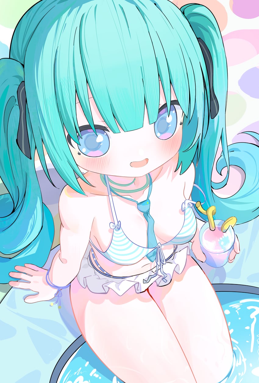 VOCALOID、初音未来 1名女孩 水色瞳 水色发 水蓝色领带 比基尼