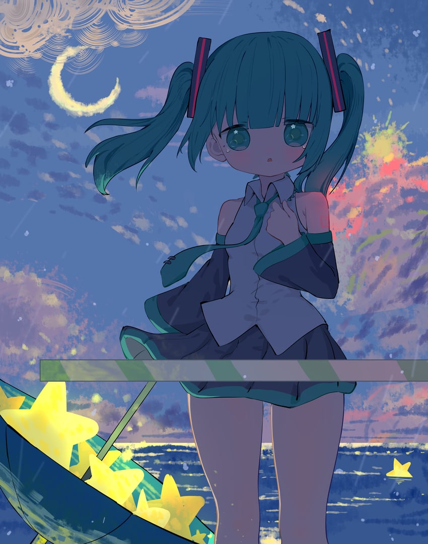 VOCALOID、初音未来 1名女孩 水色瞳 水蓝色领带 海滩 黑色裙子