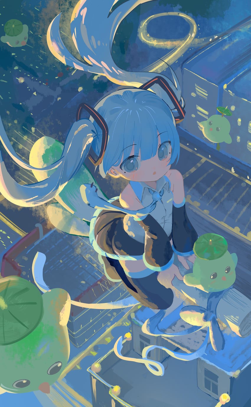 VOCALOID、初音未来 1名女孩 水色瞳 水色发 水蓝色领带 幼兽