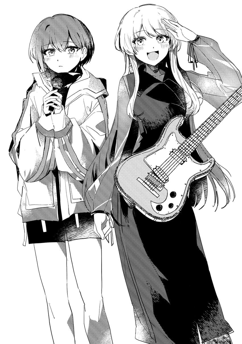 BanG Dream!、Bang Dream! It's MyGO!!!!!、千早爱音 2名女孩 脸红 闭嘴 连衣裙 电吉他