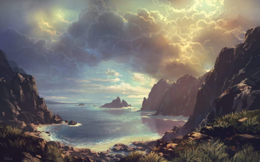 原创 海滩 蓝天 悬崖 云 多云天空
